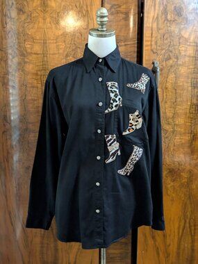 Vintage TIA DESIGNS Black Button Up Shirt S Rhinestone Velvet Leopard Boots
